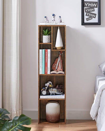 VECELO Small Bookshelf, 5 Cube Slim Bookcase, Fits Tallest Hardcovers, Horizontal Available, Modern Floor Standing Unit, Each Shelf Hold Up to 66 LBS, Vintage Brown - LeafyLoom