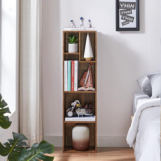 VECELO Small Bookshelf, 5 Cube Slim Bookcase, Fits Tallest Hardcovers, Horizontal Available, Modern Floor Standing Unit, Each Shelf Hold Up to 66 LBS, Vintage Brown - LeafyLoom