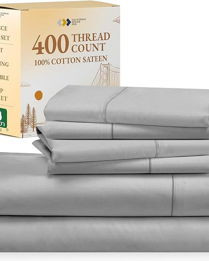 California Design Den 6-Pc Queen Size Sheet Set with 4 Pillowcases - 400 Thread Count 100% Cotton Sheets, Cooling Sateen Weave, Luxury Deep Pocket Bedsheets Set - Light Grey - LeafyLoom