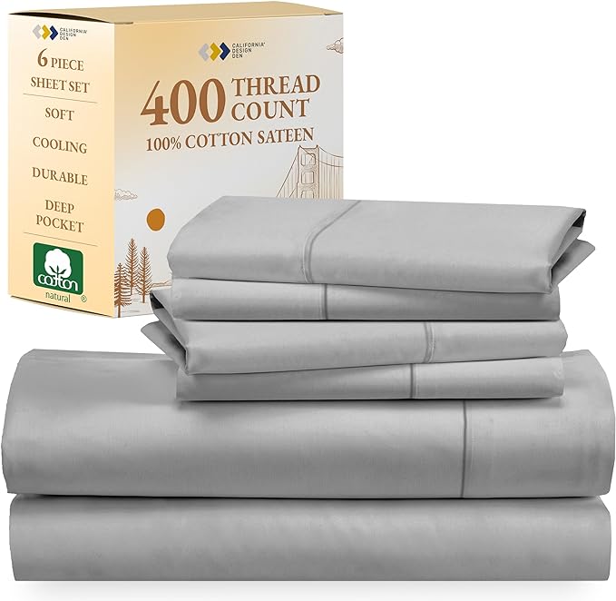 California Design Den 6-Pc Queen Size Sheet Set with 4 Pillowcases - 400 Thread Count 100% Cotton Sheets, Cooling Sateen Weave, Luxury Deep Pocket Bedsheets Set - Light Grey - LeafyLoom