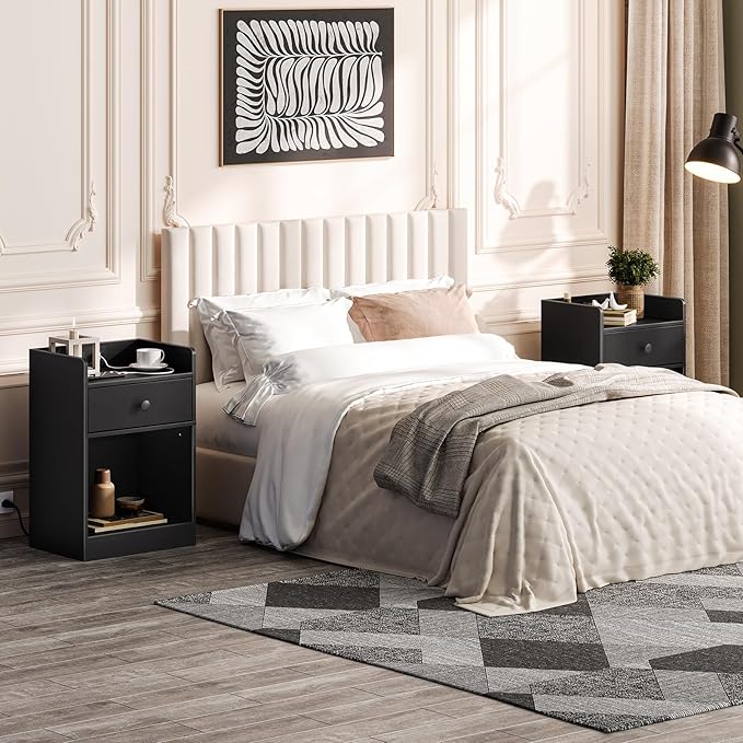 HOOBRO Nightstand with Charging Station, End Table with Drawer and Opening Shelf, Side Table with USB Ports and Outlets, Bedside Table for Bedroom, Small Night Stand Simple Style, Black BK18UBZ01 - LeafyLoom