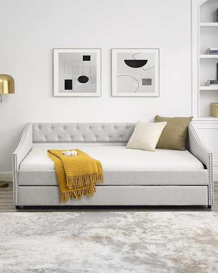 Full Size Upholstered Daybed with Twin Trundle, Wooden Sofa Bed w/Button Tufted Backrest and Waved Shape Arms, No Box Spring Needed, for Living Room, Bedroom, Dorm, Beige - LeafyLoom