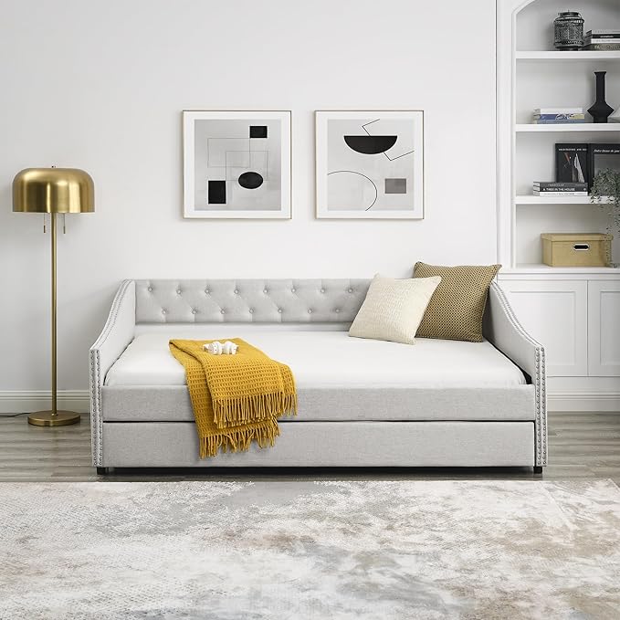 Full Size Upholstered Daybed with Twin Trundle, Wooden Sofa Bed w/Button Tufted Backrest and Waved Shape Arms, No Box Spring Needed, for Living Room, Bedroom, Dorm, Beige - LeafyLoom
