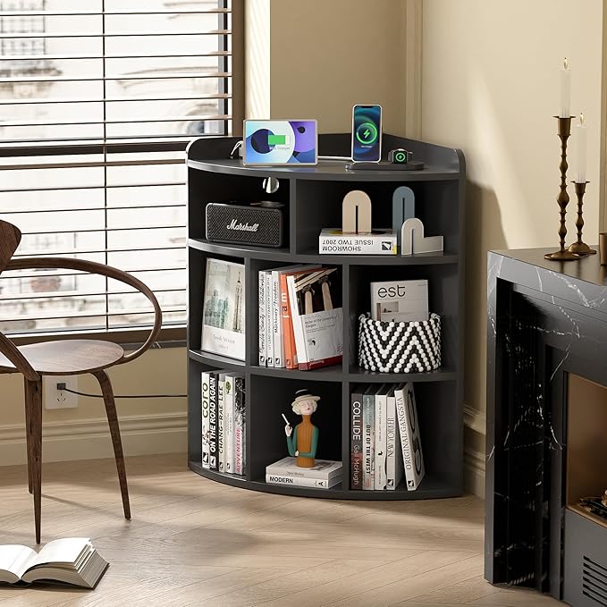 Vecelo Corner Cabinet with Charging Station, 3-Tier Cube Storage Organizer with USB Ports and Outlets, Triangle Bookcases with 8 Cubbies for Playroom, Bedroom, Living Room, Black - LeafyLoom