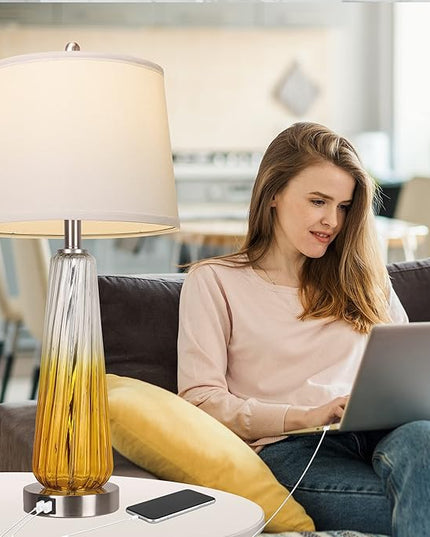 Table Lamps Set of 2 with Touch Control, 3-Way Dimmable Modern Glass Bedside Lamps with 2 USB Ports, Nightstand Lamp with White Fabric Shade, 27.5" Large Lamps for Living Room Bedrooms Decorations - LeafyLoom