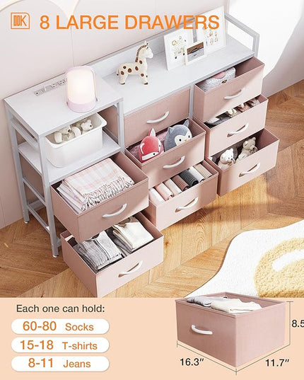 ODK Dresser with Charging Station, 52-Inch Long Dresser TV Stand for Bedroom, Large Dresser with 8 Storage Drawers, Chest of Drawers Easy-Pull Fabric Dressers for Living Room, White and Pink - LeafyLoom