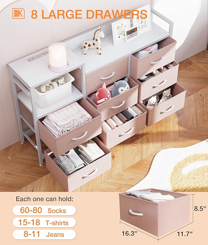 ODK Dresser with Charging Station, 52-Inch Long Dresser TV Stand for Bedroom, Large Dresser with 8 Storage Drawers, Chest of Drawers Easy-Pull Fabric Dressers for Living Room, White and Pink - LeafyLoom