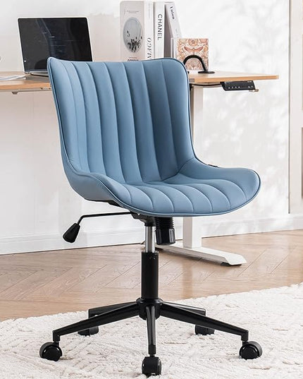 YOUNIKE Armless Office Chair with Wheels Swivel Leather Desk Chair, Upholstered Adjustable Computer Task Chair, Modern Rolling Gaming Chair Mid Back, Blue - LeafyLoom