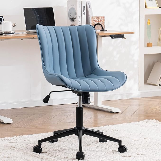 YOUNIKE Armless Office Chair with Wheels Swivel Leather Desk Chair, Upholstered Adjustable Computer Task Chair, Modern Rolling Gaming Chair Mid Back, Blue - LeafyLoom