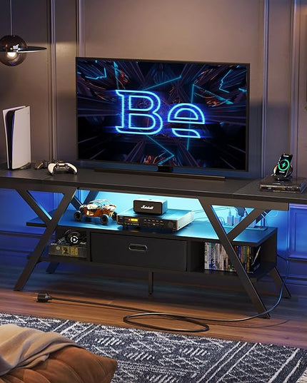 Bestier 70 Inch Gaming Tv Stands for Living Room with Power Outlet for Television up to 75", Black Entertainment Center with Led Lights for Living Room Bedroom. Carbon Fiber Black - LeafyLoom