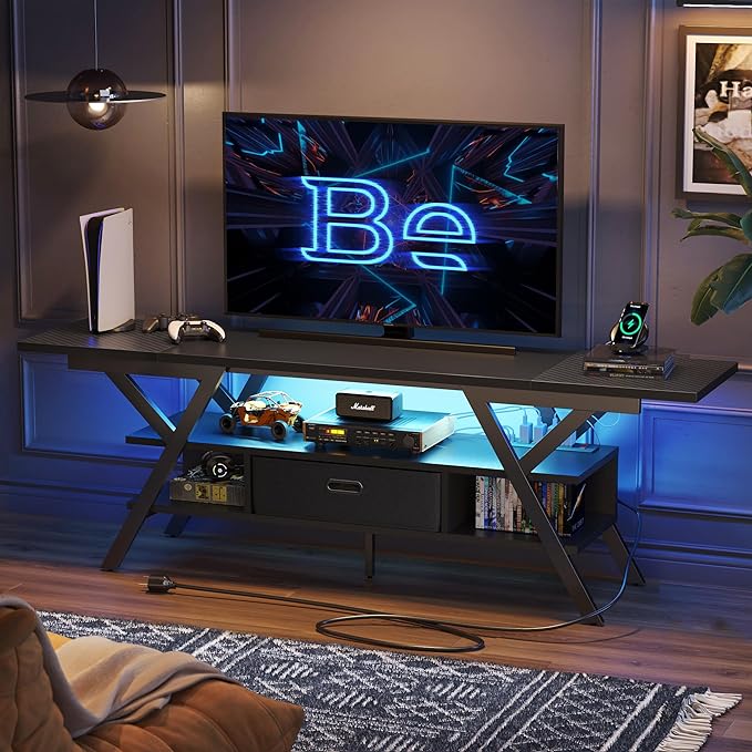 Bestier 70 Inch Gaming Tv Stands for Living Room with Power Outlet for Television up to 75", Black Entertainment Center with Led Lights for Living Room Bedroom. Carbon Fiber Black - LeafyLoom