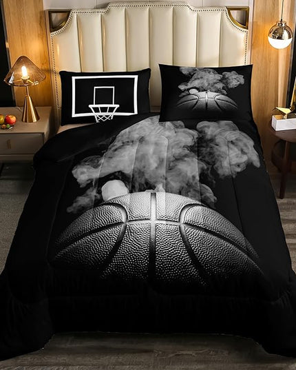 Erosebridal Basketball Comforter Set for Boys Teen King Size Sports Basketball Bedding Set Basketball Room Decor Reversible Black Down Comforter Grey Hippie Smoke Quilt Duvet Insert 2 Pillow Case - LeafyLoom