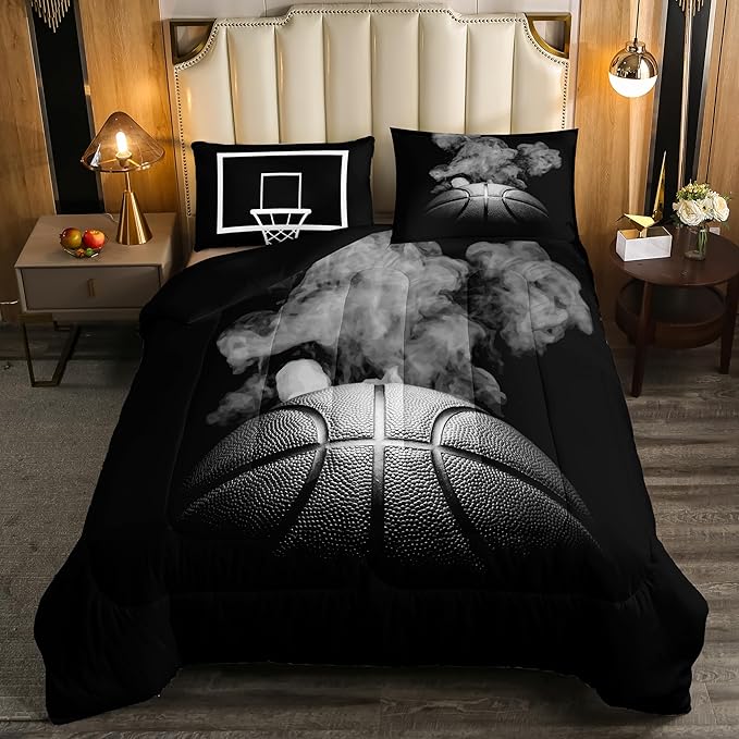 Erosebridal Basketball Comforter Set for Boys Teen King Size Sports Basketball Bedding Set Basketball Room Decor Reversible Black Down Comforter Grey Hippie Smoke Quilt Duvet Insert 2 Pillow Case - LeafyLoom