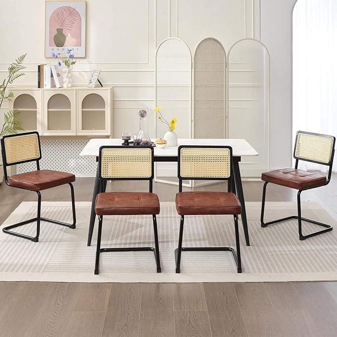 Rattan Dining Chairs Set of 2, Mid Century Modern PU Leather Dining Room Kitchen Chairs with Cane Back, Metal Chrome Legs, Upholstered Wicker Armless Accent Chairs, Brown - LeafyLoom