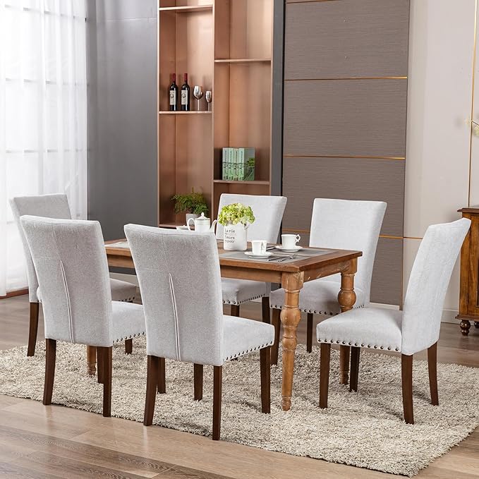 COLAMY Upholstered Parsons Dining Chairs Set of 6, Fabric Dining Room Kitchen Side Chair with Nailhead Trim and Wood Legs - Light Grey - LeafyLoom