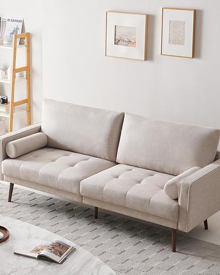 Vonanda Fabric Sofa Couch, Mid-Century 73 Inch 3 Seater Linen Couch with Hand-Stitched Comfort Cushion and Bolster Pillows for Living Room,Elegant Beige - LeafyLoom