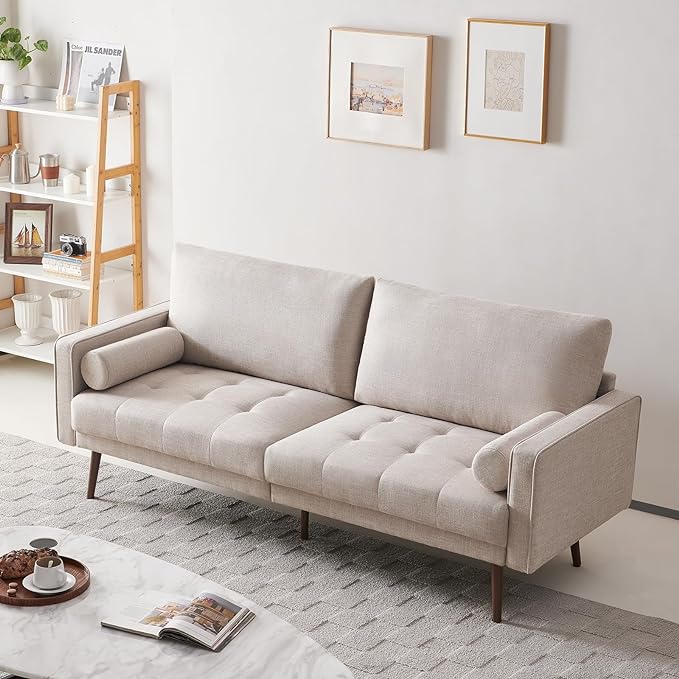 Vonanda Fabric Sofa Couch, Mid-Century 73 Inch 3 Seater Linen Couch with Hand-Stitched Comfort Cushion and Bolster Pillows for Living Room,Elegant Beige - LeafyLoom