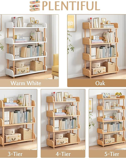 4-Tier Wooden Open Bookcase - Modern Display Bookshelf with Top Edge and Solid Wood Frame for Home and Office, Storage Cabinet, Oak - LeafyLoom