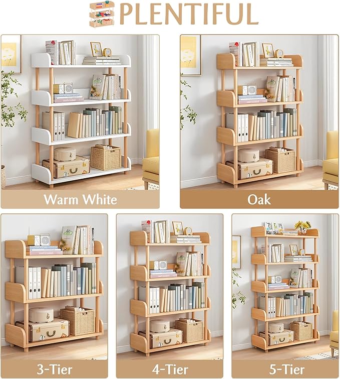 4-Tier Wooden Open Bookcase - Modern Display Bookshelf with Top Edge and Solid Wood Frame for Home and Office, Storage Cabinet, Oak - LeafyLoom