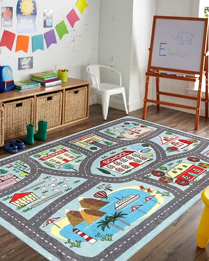 LIVEBOX Large Playroom Rug 5'x7' Kids Play Mat for Classroom, Road Traffic Carpet for Boys Girls Playing Cars Toys, City Life Nursery Car Rug for Toddlers Bedroom Kids Room - LeafyLoom