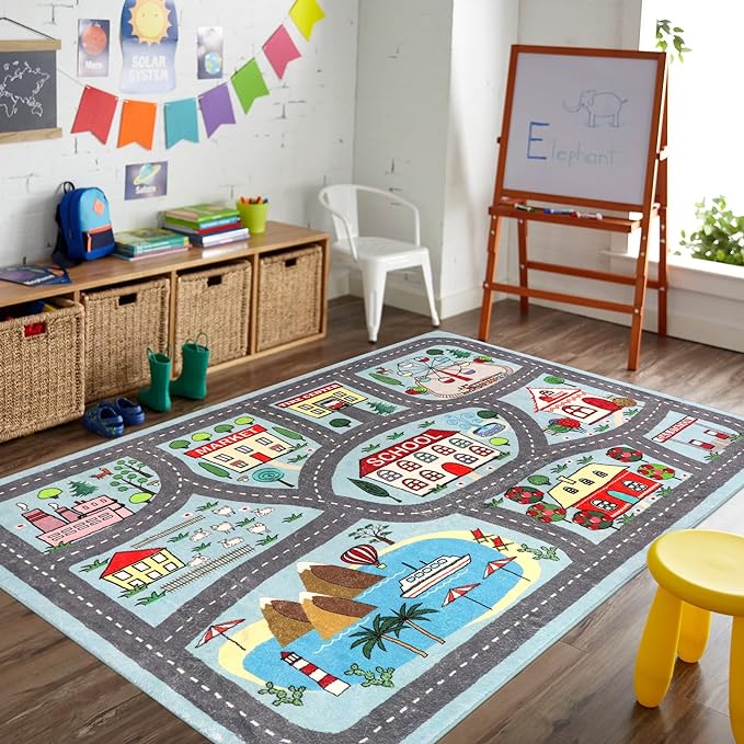 LIVEBOX Large Playroom Rug 5'x7' Kids Play Mat for Classroom, Road Traffic Carpet for Boys Girls Playing Cars Toys, City Life Nursery Car Rug for Toddlers Bedroom Kids Room - LeafyLoom