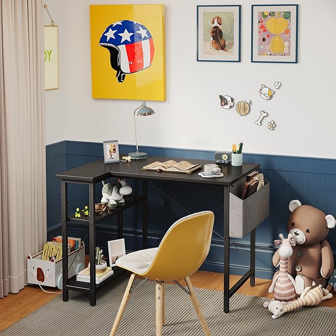 CubiCubi 47 Inch Small L Shaped Computer Desk with Storage Shelves Home Office Corner Desk Study Writing Table, Black - LeafyLoom