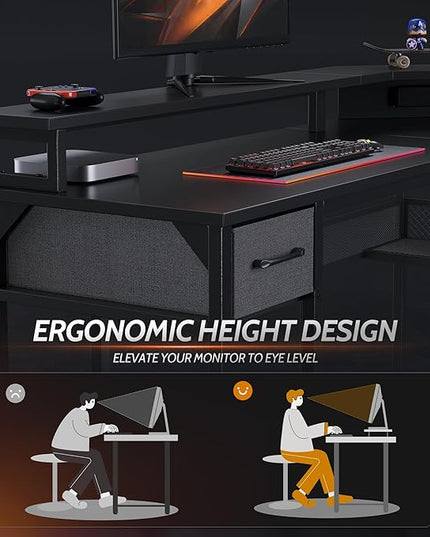 CubiCubi L Shaped Gaming Desk with LED Lights and Power Outlets, 58" Reversible Corner Computer Desk with Storage Shelves and Drawer, Home Office Desk with Monitor Stand, Black - LeafyLoom