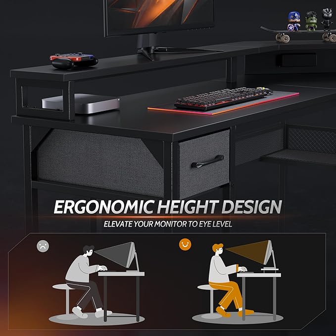 CubiCubi L Shaped Gaming Desk with LED Lights and Power Outlets, 58" Reversible Corner Computer Desk with Storage Shelves and Drawer, Home Office Desk with Monitor Stand, Black - LeafyLoom