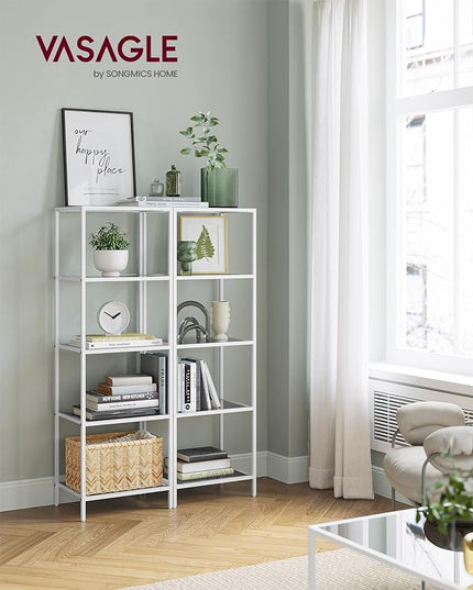 VASAGLE Bookcase, 5-Tier Bookshelf, Slim Shelving Unit for Bedroom, Bathroom, Home Office, Tempered Glass, Steel Frame, Pearl White and Slate Gray ULGT029W01 - LeafyLoom
