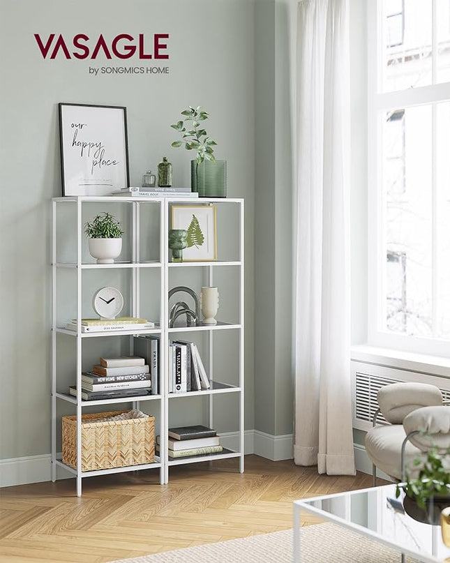 VASAGLE Bookcase, 5-Tier Bookshelf, Slim Shelving Unit for Bedroom, Bathroom, Home Office, Tempered Glass, Steel Frame, Pearl White and Slate Gray ULGT029W01 - LeafyLoom