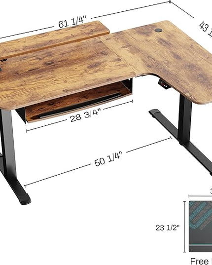 EUREKA ERGONOMIC Standing Desk with Keyboard Tray, Computer Desk, 61" L Shaped Electric Adjustable Height Desk w Monitor Stand LED, Corner Sit Stand Desk Gaming Desk, Dual Motor,Right/Rustic Brown - LeafyLoom
