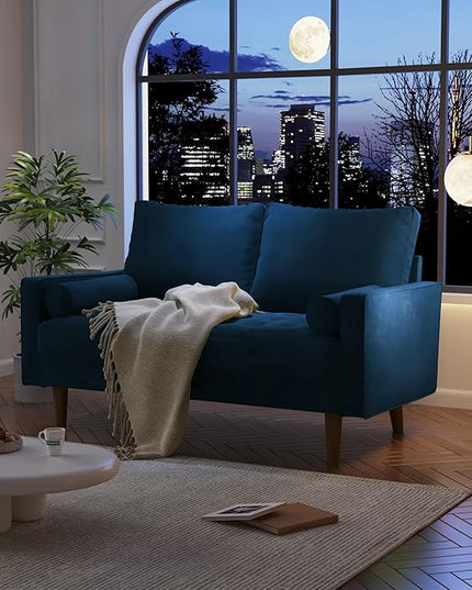 Velvet Furniture for Small, Mid-Century Modern Loveseats for Living Room, Love Seat Couch Sofas, 58 Inches, Space Blue - LeafyLoom