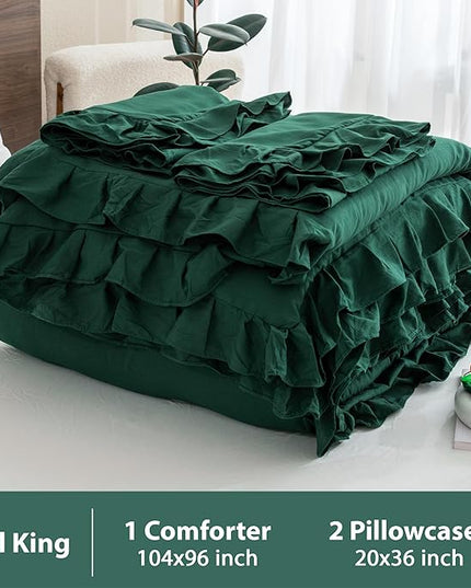 Andency California King Comforter Set Dark Green (104x96Inch), 3 Pieces Cal King Ruffle Comforter, Oversized Farmhouse Shabby Chic Bed Comforter, Lighteweight and Soft Microfiber Bedding Set - LeafyLoom