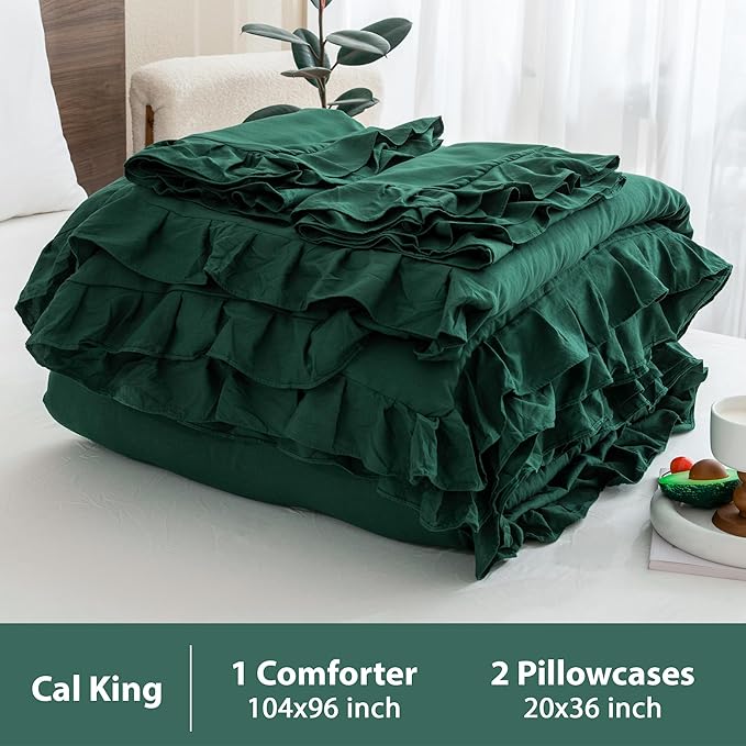 Andency California King Comforter Set Dark Green (104x96Inch), 3 Pieces Cal King Ruffle Comforter, Oversized Farmhouse Shabby Chic Bed Comforter, Lighteweight and Soft Microfiber Bedding Set - LeafyLoom