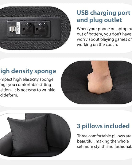 87.4" L-Shape Sectional Sleeper Sofa with Chaise &Pull-out Bed, Chenille Upholstered Couch w/USB Ports, Power Sockets and 3 Pillows, for Living Room, Apartment, 87.4 Inch, Black - LeafyLoom