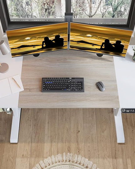 Adjustable Height Electric Standing Desk - 63 x 30 Inch Sit Stand Computer Desk with Splice Board, Stand Up Desk Table for Home Office, White Frame/White and Oak Top - LeafyLoom