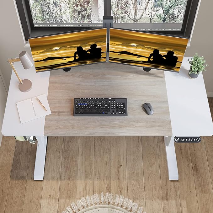 Adjustable Height Electric Standing Desk - 63 x 30 Inch Sit Stand Computer Desk with Splice Board, Stand Up Desk Table for Home Office, White Frame/White and Oak Top - LeafyLoom