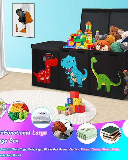 Extra Large Toy Box, Collapsible Sturdy Toy Storage Organizer with Lids, Dinosaur Toy Box for Boys Girls, 41"x14"x16" Kids Toy Chest Bin Box Baskets for Living Room, Playroom, Bedroom, Nursery, Black - LeafyLoom