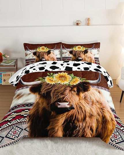 HOSIMA Highland Cow Decor Comforter with 2 Pillowcases,Animal Theme Western Bedding Sets,Brown Cowhide Black White Cow Print Comforter Set for Adults Kids,Sunflower King Size Comforter. - LeafyLoom