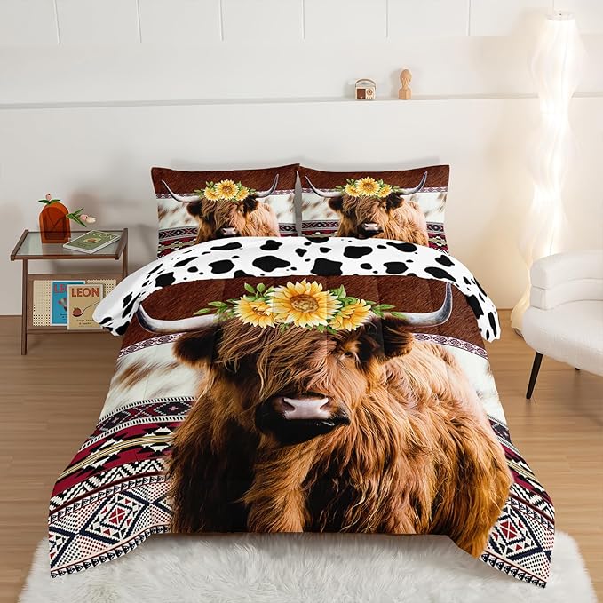 HOSIMA Highland Cow Decor Comforter with 2 Pillowcases,Animal Theme Western Bedding Sets,Brown Cowhide Black White Cow Print Comforter Set for Adults Kids,Sunflower Full Size Comforter. - LeafyLoom