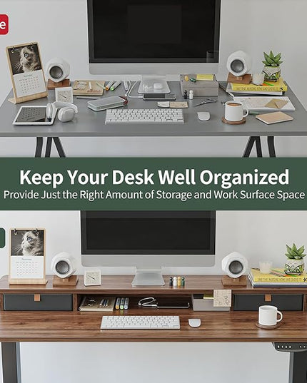 FEZIBO 55 x 24 Inch Height Adjustable Electric Standing Desk with Double Drawer, Stand Up Desk with Storage Shelf, Sit Stand Desk, Blcak Walnut - LeafyLoom