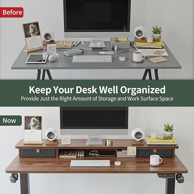 FEZIBO 55 x 24 Inch Height Adjustable Electric Standing Desk with Double Drawer, Stand Up Desk with Storage Shelf, Sit Stand Desk, Blcak Walnut - LeafyLoom