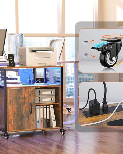 LED Rolling Wheels Filing Cabinet with Lock, File Cabinets with Charging Station, Printer Stand with Storage for Office Home, A4 Letter Size File Folders - LeafyLoom