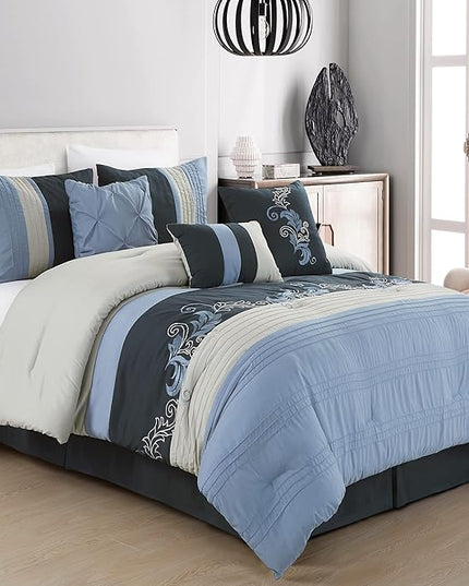 Chezmoi Collection Napa 7-Piece Luxury Autumn Leaves Scroll Embroidery Bedding Comforter Set (King, Navy/Blue/Gray) - LeafyLoom