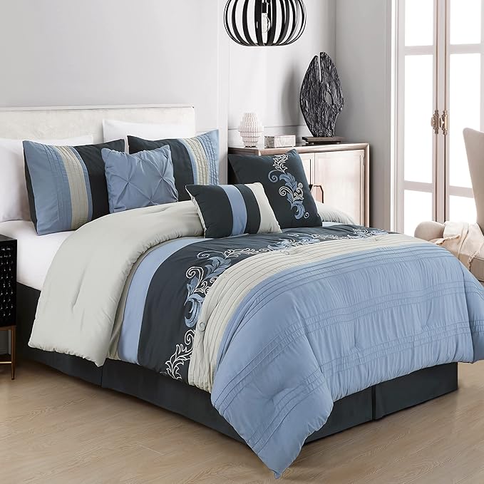 Chezmoi Collection Napa 7-Piece Luxury Autumn Leaves Scroll Embroidery Bedding Comforter Set (King, Navy/Blue/Gray) - LeafyLoom