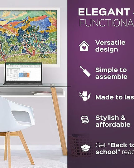 bonVIVO Massimo Small Desk - 55 Inch, Modern Computer Desk for Small Spaces, Living Room, Office and Bedroom - Study Table w/Glass Top and Shelf Space - White - LeafyLoom