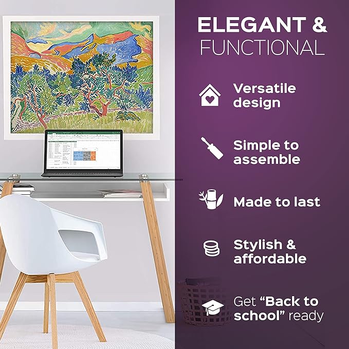 bonVIVO Massimo Small Desk - 55 Inch, Modern Computer Desk for Small Spaces, Living Room, Office and Bedroom - Study Table w/Glass Top and Shelf Space - White - LeafyLoom