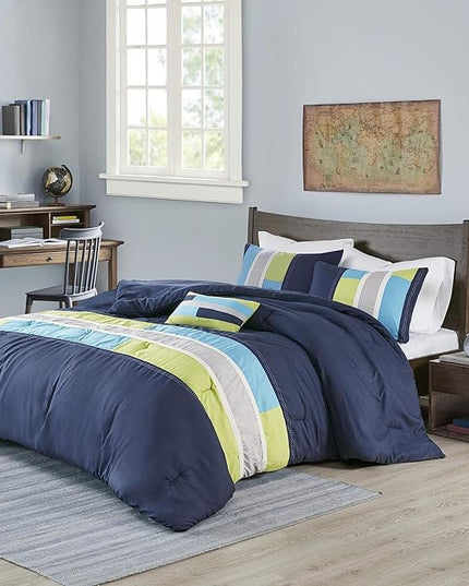 Mi Zone Cozy Comforter Set Geometric Stripes Vibrant Color Design All Season Bedding Matching Shams, Decorative Pillow, Twin/Twin XL, Pipeline Navy, 3 Piece - LeafyLoom