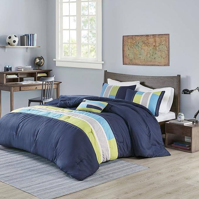 Mi Zone Cozy Comforter Set Geometric Stripes Vibrant Color Design All Season Bedding Matching Shams, Decorative Pillow, Twin/Twin XL, Pipeline Navy, 3 Piece - LeafyLoom
