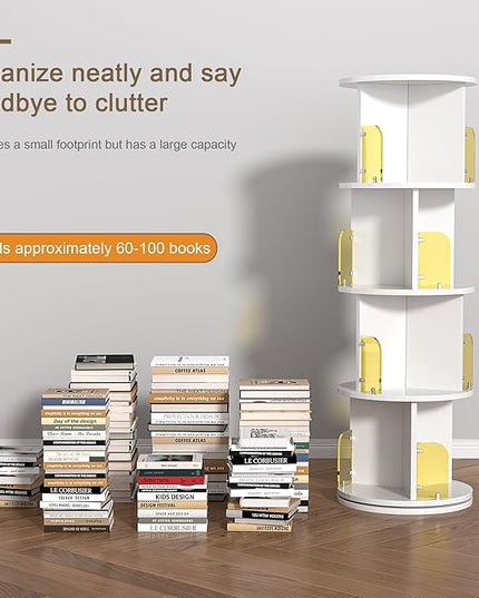 VECELO Rotating Bookshelf, 4-Tier Small Corner Display with Acrylic Window, Ideal Storage Solution for Kids and Adults in Bedrooms, Living Rooms, Space Efficient and Elegant White Design - LeafyLoom